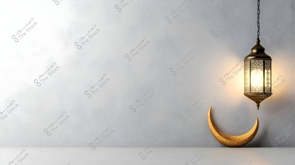 An image showing a traditional lantern lit in gold with decorative designs, hanging from the ceiling, beside a golden crescent placed on a white surface. The background is a simple, smooth wall.