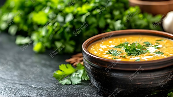 An image of a creamy soup in a decorative brown bowl placed on a dark surface. The soup is garnished with fresh cilantro leaves and some drops of white cream. In the background, there is a bunch of fresh green parsley.