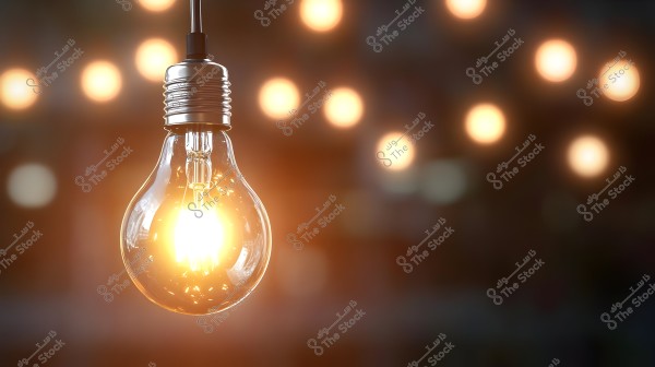 Image of a light bulb glowing with warm light in the foreground, surrounded by a group of glowing lights in a blurred background, creating a warm and dimly lit atmosphere.