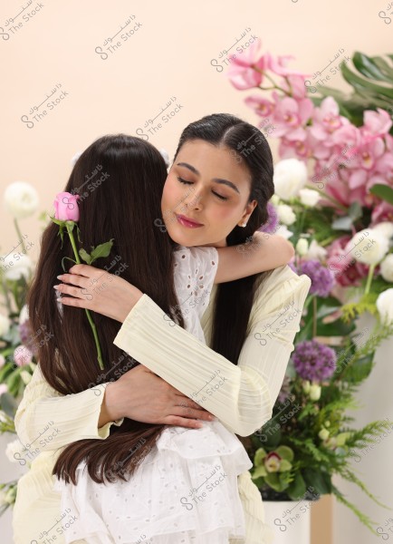 A woman hugging a child holding a pink rose in a setting filled with beautiful flowers, including white, pink, and green blossoms. The woman is wearing light yellow clothing, and the girl is dressed in a white dress. The scene conveys love, warmth, and affection.