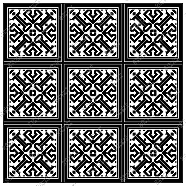 تصميم فسيفساء باللونين الأسود والأبيض مكون من تسع بلاطات مربعة متجاورة بنمط هندسي معقد.