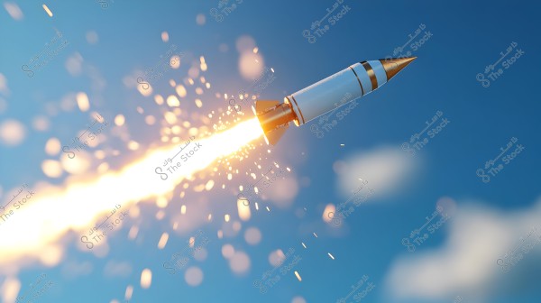 A rocket launching into the blue sky, emitting light and fire from the back, surrounded by glowing particles and white exhaust against a background of scattered clouds.