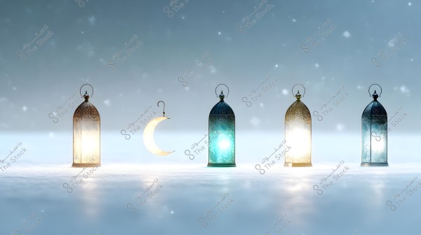 The image features four illuminated metal lanterns with varying shades of blue and gold, arranged in a row in a snowy setting. Between the lanterns, there is a glowing crescent-shaped metal object. The background is blue with small light spots suggesting falling snow or stars.