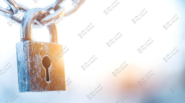 Image of a closed metallic padlock attached to a chain, with a blurred background in blue and orange hues. Bright light emanates from the upper left side, adding a glowing effect to the padlock.