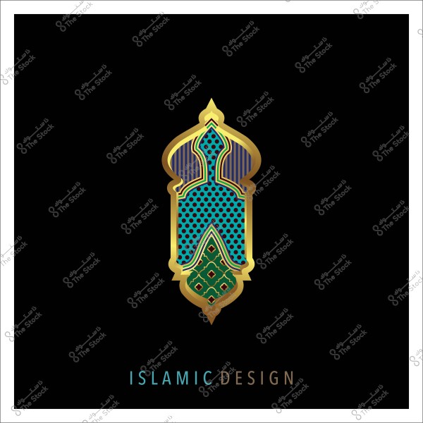 تصميم إسلامي بزخرفة ذهبية ومزيج من الألوان الخضراء والزرقاء على خلفية سوداء.