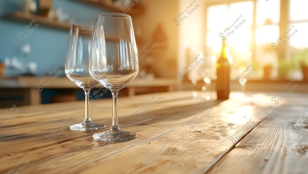 The image shows two empty glass goblets on a wooden table surface in a sunlit kitchen. In the background, there is an out-of-focus bottle and various blurred items on shelves, with natural light filtering through a window creating a warm and inviting atmosphere.