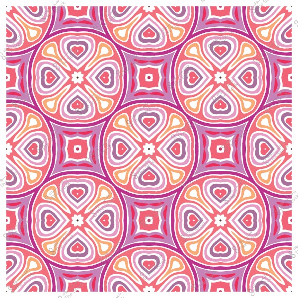 Repeating pattern with circular and floral geometric shapes in pink, orange, and purple colors.