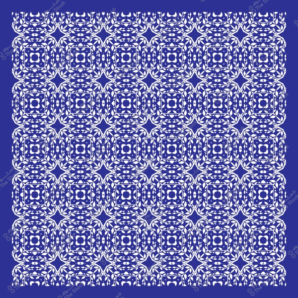 Geometric decorative pattern in white and dark blue with symmetrical repetition.