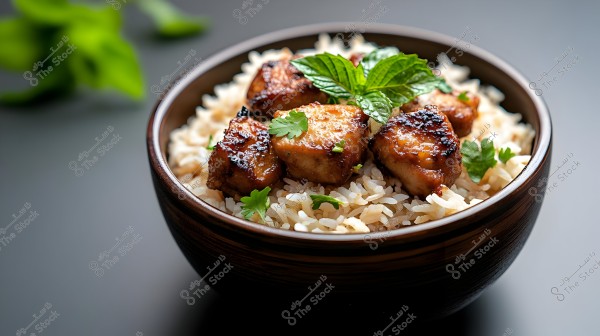 An image of a wooden bowl filled with white rice topped with grilled chicken pieces, garnished with mint leaves and green coriander. The dish is centered in the image against a dark background, highlighting the food details.