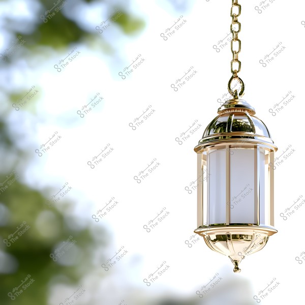An image of a hanging golden lantern with a sleek and polished design, suspended by a chain. The background is blurred with gradients of green and white, suggesting an outdoor setting like a garden or courtyard.