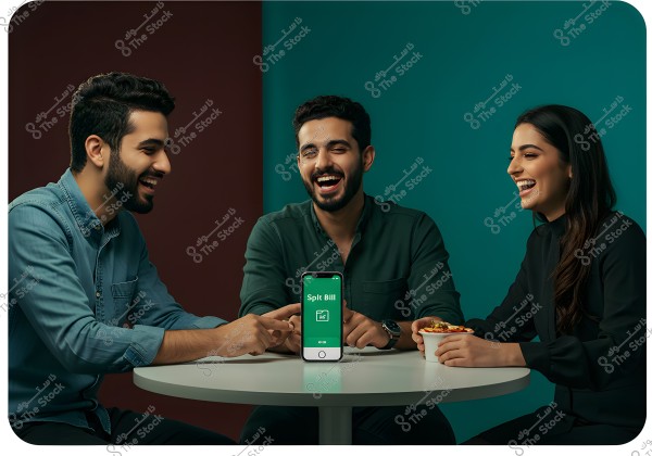 Three people are seated around a small table, looking at a smartphone placed on the table displaying the phrase \"Split Bill.\" The man on the left is wearing a blue denim shirt, while the man in the center is in a dark green shirt. The woman on the right is wearing a black top and is laughing while holding a bowl of food. The image seems to depict a social and friendly scenario.