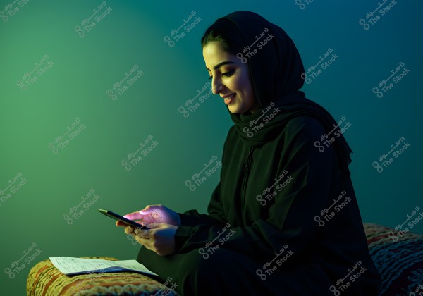 The image shows a woman wearing a dark abaya and hijab, sitting and focused on a mobile phone in her hands in a dim, cozy setting. The phone emits a light that softly illuminates her face, which has a calm smile. The background features a bluish-green wall with papers placed next to her.