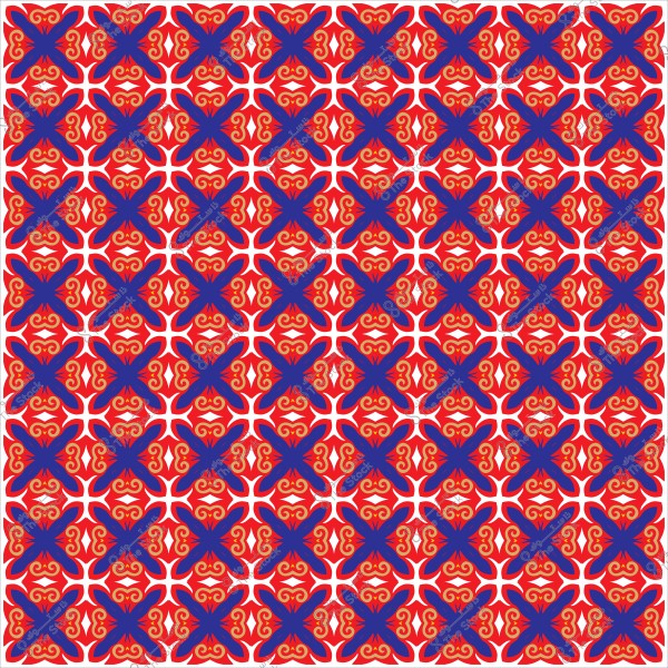 Repeating decorative pattern with red, blue, and beige colors featuring interlocking geometric shapes