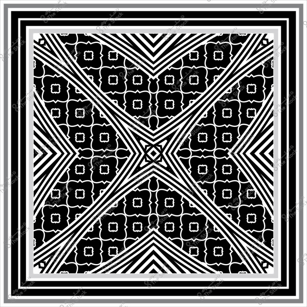 نمط هندسي بالأبيض والأسود يتميز بتصميمات متكررة وزخارف زخرفية ذات خطوط متقاطعة.