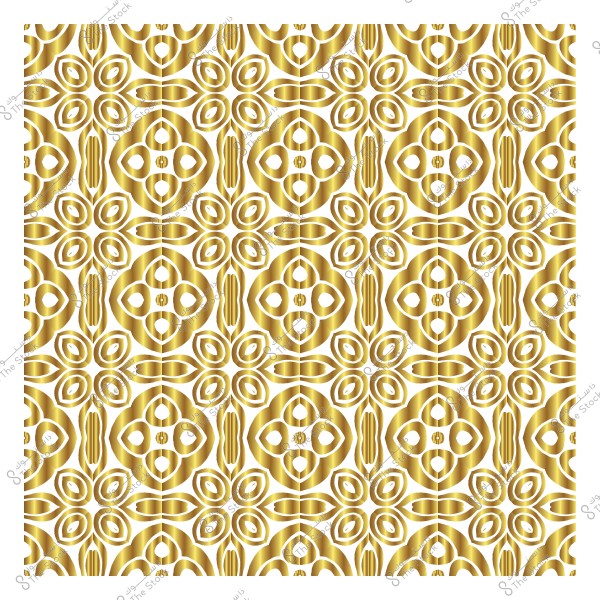 نمط زخرفي ذهبي متماثل يتضمن أشكالاً هندسية متكررة على خلفية بيضاء.