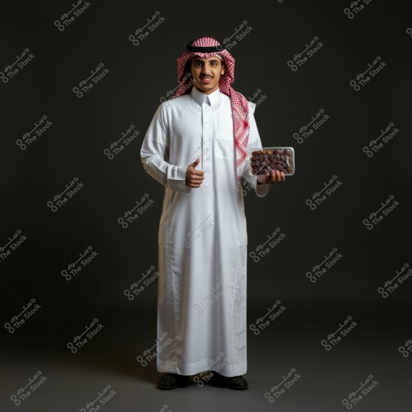 A portrait of a man wearing traditional Saudi attire, consisting of a white thobe and a red checkered headscarf. The man stands holding a container of dates, giving a thumbs-up gesture as a sign of approval or encouragement. The dark background accentuates the attire and items.