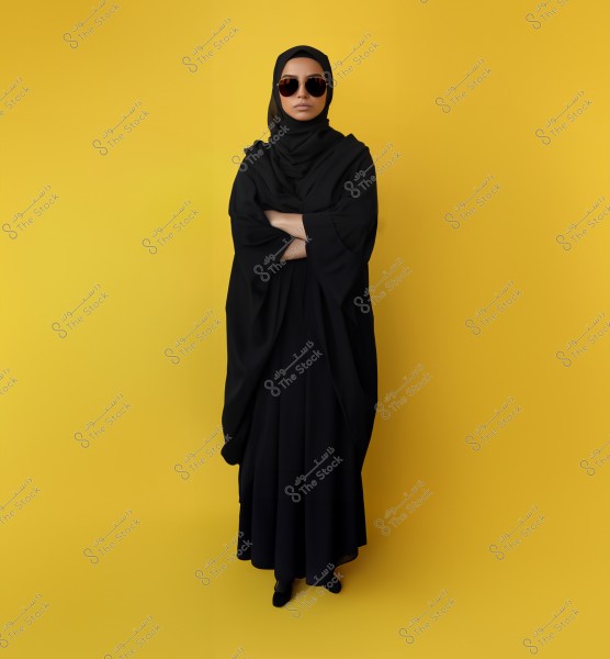 An image of a woman wearing a full black abaya and hijab, standing against a vibrant yellow background. The woman is wearing dark sunglasses and stands with her arms crossed, expressing confidence.