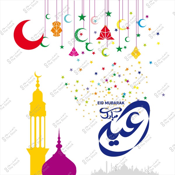 Colorful design for celebrating Eid al-Fitr or Eid al-Adha featuring crescents, stars, lanterns, and the phrase \"Eid Mubarak\" in English and Arabic.