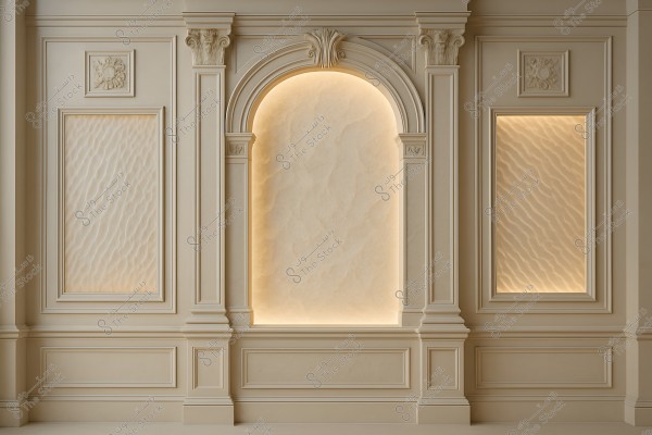 The image depicts an interior section of a wall with luxurious architectural design. The wall features columns and prominent ornate protrusions in a classic style, with a central arch illuminated by soft, warm lighting. The side panels display decorative patterns, giving the wall a sense of opulence and uniqueness.