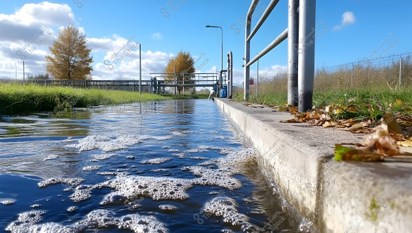 Low-angle view of flowing water on a narrow concrete path, surrounded by green grass and fallen leaves. In the background, a blue sky with white clouds and distant trees with yellow leaves are visible. There are metal fences on both sides and streetlights.