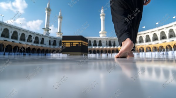 The image shows a person dressed in black walking barefoot on the floor of the Masjid al-Haram in Mecca. In the background, the Kaaba is prominently visible with several white minarets surrounding it, under a clear blue sky.