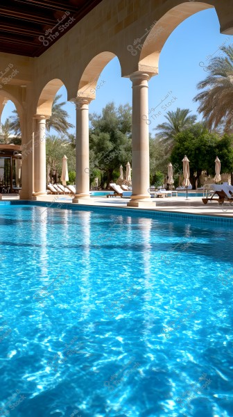 Image of a luxury resort featuring a shimmering blue swimming pool, surrounded by marble arches in an Arabic architectural style. In the background are white lounge chairs shaded by elegant umbrellas, while palm trees and lush greenery adorn the scene under a clear blue sky.