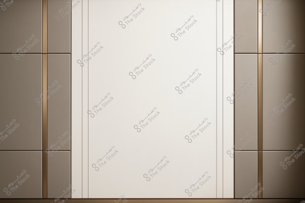 An image of a modern wall design with beige and white colors featuring vertical gold lines. The design includes subtle lines reflecting a simple yet elegant aesthetic.