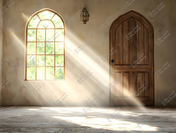A large arched window next to a wooden door in a room, with sunlight streaming through the window creating a pattern of light and shadow on the floor.