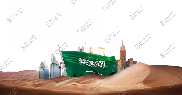 The image depicts a scene combining a sandy desert with a cluster of modern buildings, including well-known architectural landmarks in Saudi Arabia. The green Saudi flag is prominently displayed in the center of the image, bearing the Islamic creed. In the background, there are tall towers and notable landmarks such as the Kingdom Tower and the Clock Tower.