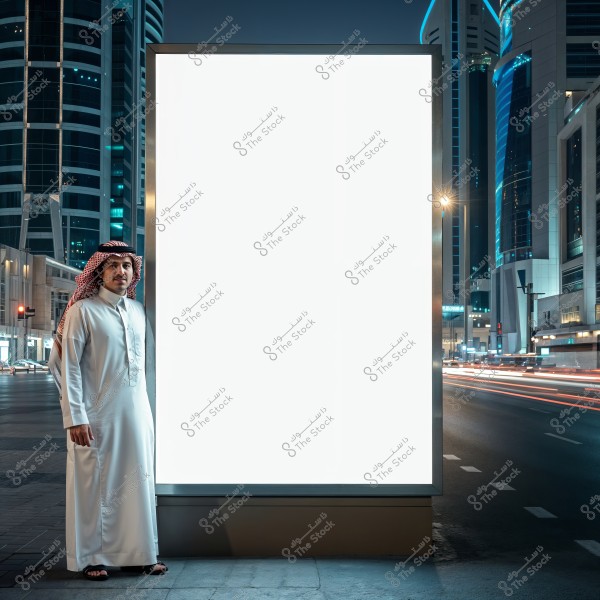 An image of a man wearing traditional Arab attire, including a white thobe and a red and white checkered headdress, standing next to a lit billboard on a roadside at night in a modern area with tall skyscrapers and advanced urban design. The street shows light trails from passing traffic.