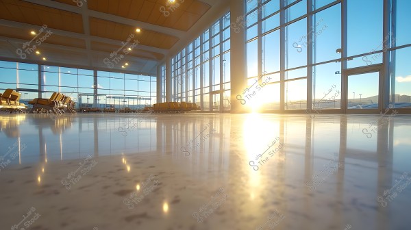 Interior view of a modern airport with reflective flooring and sunlight in the background. The airport features large floor-to-ceiling glass windows, with rows of chairs arranged on the sides. Bright sunlight shines through the windows, creating beautiful light effects on the floor.