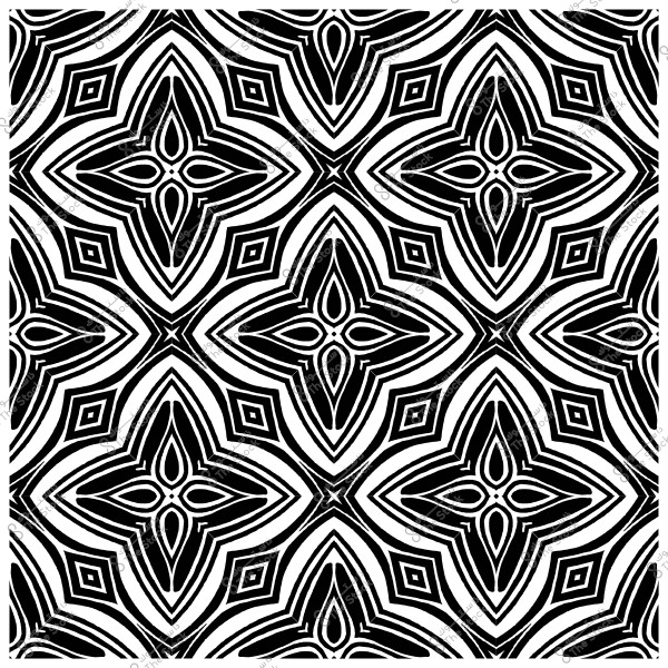 Black and white decorative pattern featuring a repeating geometric design with interlocking shapes, including lines and star-like and diamond shapes.