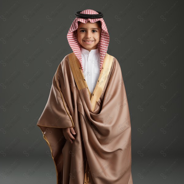 A child wearing Mishlah, traditional saudi clothing, a thobe, National Day, Founding Day, through artificial intelligence.