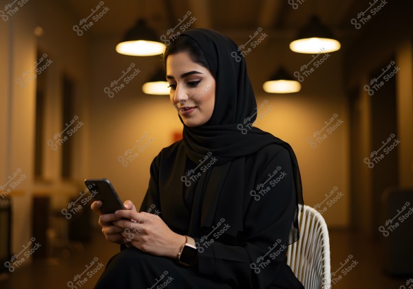 An image of a woman wearing a black abaya and hijab, seated on a chair while holding a phone in her hand. She appears focused as she looks at the screen. The room has warm lighting with hanging lamps in the background.