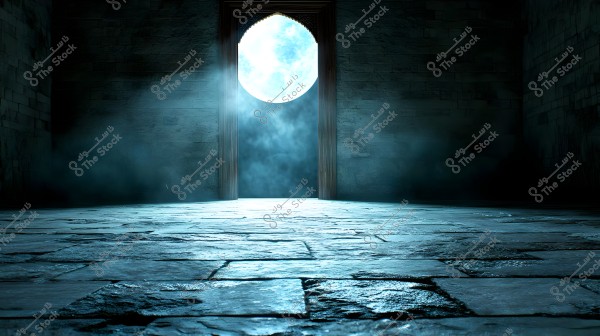 Dramatic scene of a stone corridor lit by moonlight coming through a circular opening in an arched door. The dark walls surround the passage in a mysterious glow, creating an intriguing and fantastical atmosphere.
