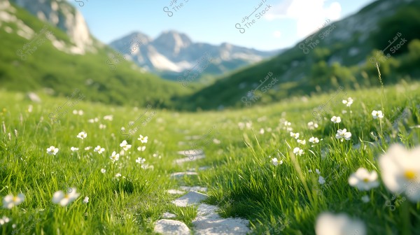 A scenic landscape featuring a narrow stone path winding through a green meadow filled with small white flowers. Green mountains stretch into the horizon under a clear blue sky, creating a serene and beautiful view.