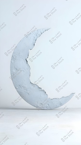 Image of a large crescent moon made of a textured, solid material in a white or light gray color. The background is plain white, highlighting the crescent moon shape.