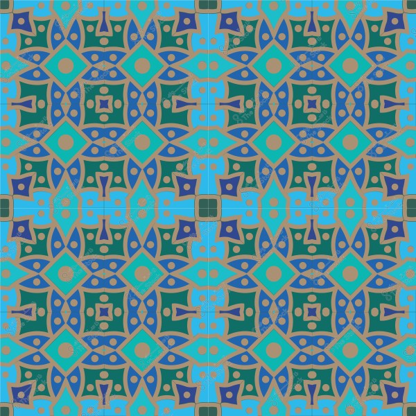 A decorative design with repeating geometric shapes in blue, green, and gold colors.
