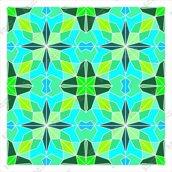 نمط هندسي متماثل بألوان زاهية تشتمل على الأخضر والأزرق, يشبه التصميمات الإسلامية التقليدية والزخارف الفسيفسائية, مع نجوم وأشكال مثلثة متداخلة.
                            
-