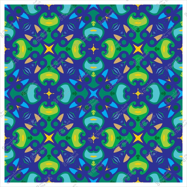 تصميم زخرفي متماثل بألوان زرقاء وخضراء وصفراء.