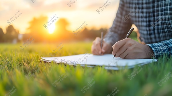 The image shows a person wearing a checkered shirt sitting in a grassy field while writing in a notebook. The scene appears natural with a sunrise in the background, adding a calm and pleasant touch to the image.