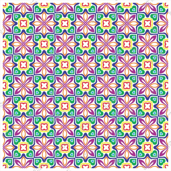 Decorative pattern with bright colors featuring floral and geometric designs in multiple colors.