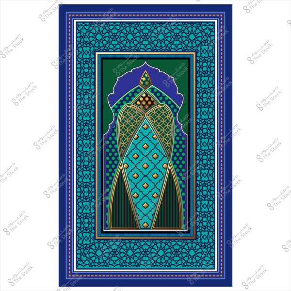 تصميم هندسي إسلامي يعرض أنماطًا هندسية وزخارف بألوان زرقاء وخضراء وذهبية.