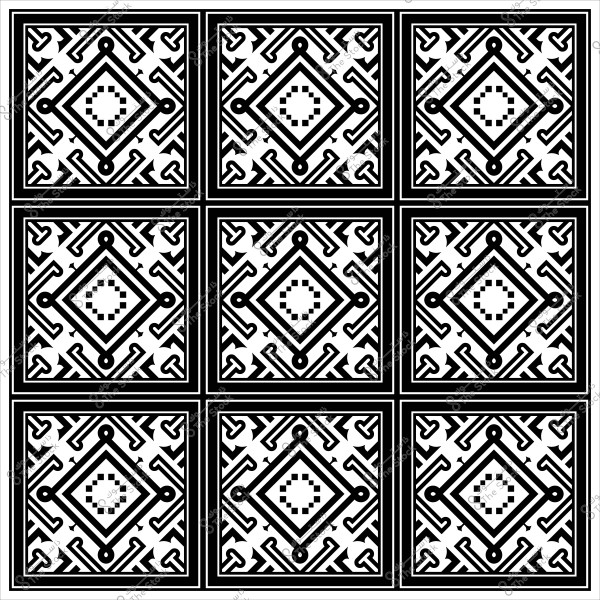 تصميم نمطي أبيض وأسود مكون من تسعة مربعات متكررة, كل مربع يحتوي على نمط هندسي معقد بأشكال متقاطعة وخطوط مائلة ونقاط.