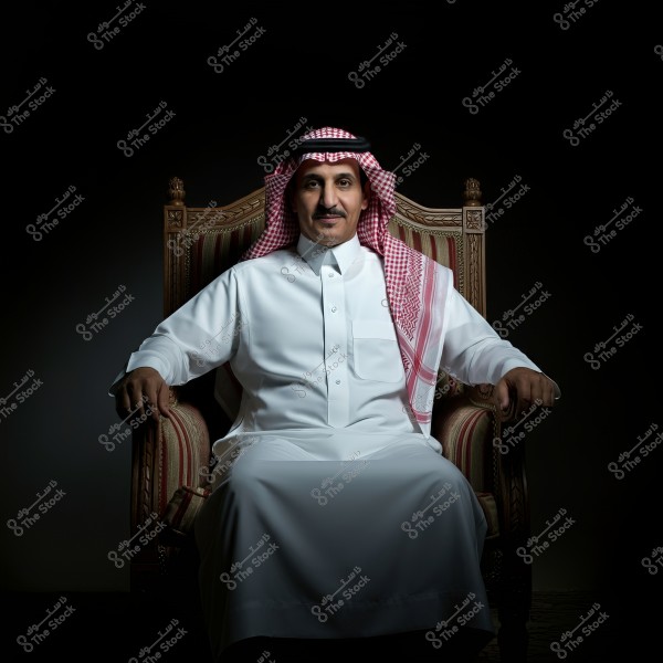 A portrait of a man sitting on an ornate chair, wearing traditional Saudi attire: a white thobe and a red and white ghutra. He appears to be middle-aged, looking towards the camera with a calm smile. The dark background accentuates the details of the attire and the classic, traditional seating.