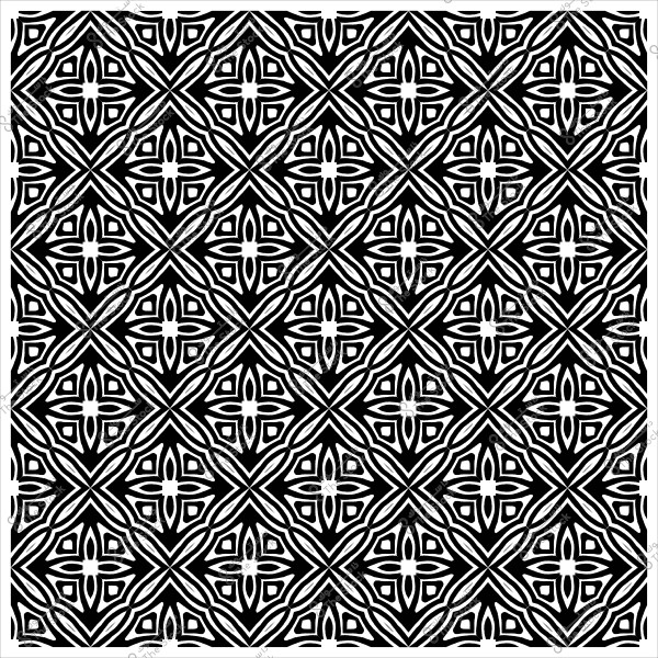 تصميم نمط هندسي أبيض وأسود مكون من أشكال متكررة تشبه الزهور داخل مربعات.