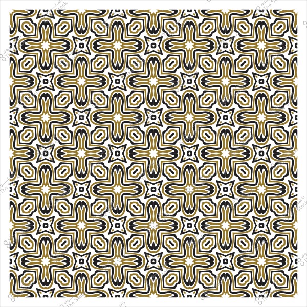 نمط هندسي متكرر بألوان ذهبية وسوداء على خلفية بيضاء, يحتوي على أشكال كالصليب والنجوم.