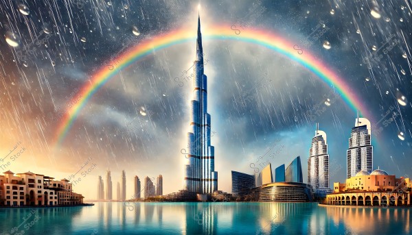 صورة لمدينة حديثة تتضمن برج شاهق وسط العديد من المباني الحديثة الأخرى. يظهر قوس قزح كبير عبر السماء, مع سقوط قطرات المطر في مقدمة الصورة. تعكس المياه في الأسفل صورة المباني والسماء, مما يضيف جمالاً للصورة.