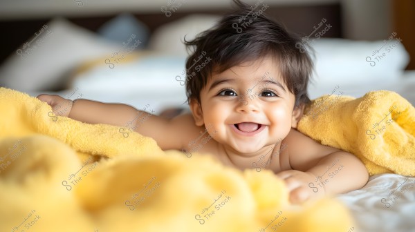 A photo of a baby lying on its stomach on a bed covered with a soft yellow blanket. The baby is smiling and appears happy, with dark brown hair. The background has pillows in dark and light colors.