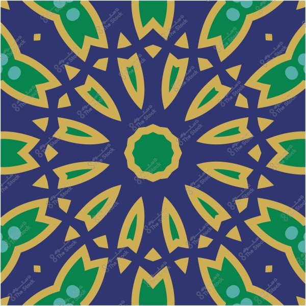 نمط زخرفي بألوان الأزرق والأخضر والذهبي يشبه فن الأرابيسك الإسلامي.